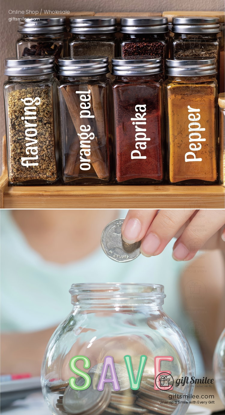 Clear glass jars with silver lids neatly labeled for spices like paprika and orange peel arranged on a wooden shelf