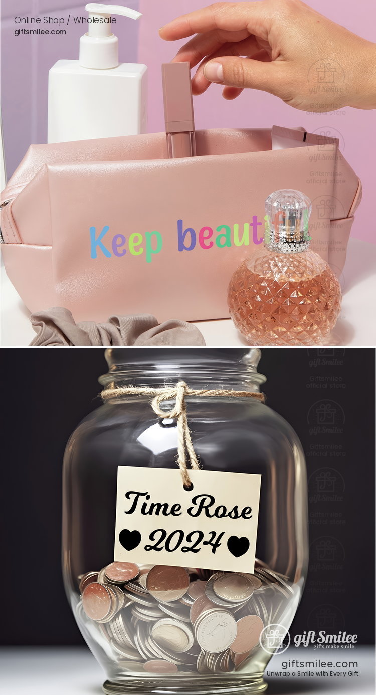 Pastel pink makeup bag with Keep beautiful text paired with a pink faceted glass perfume bottle and a savings jar labeled Time Rose 2024