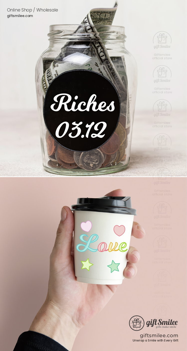 Clear glass jar labeled Riches 0312 filled with coins and dollar bills on a light beige surface  