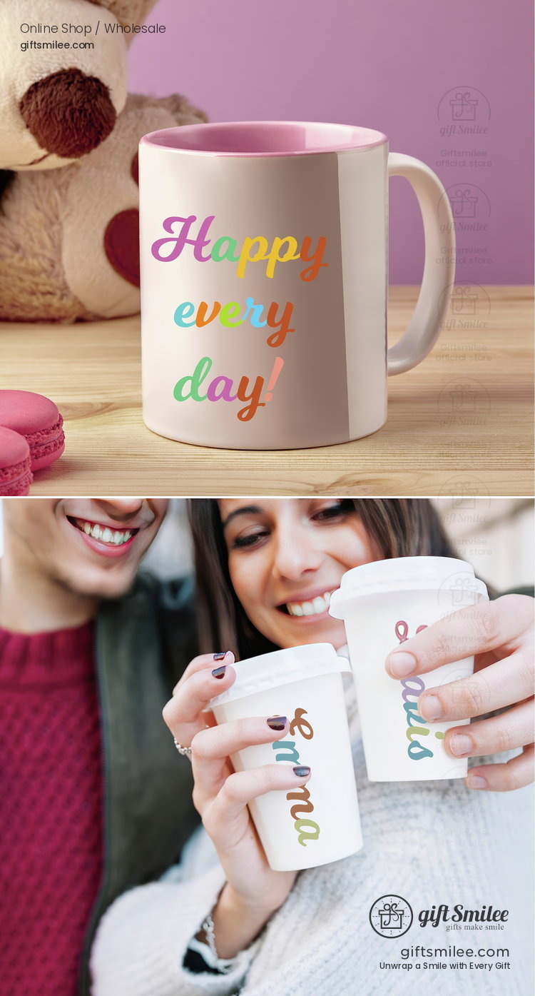 White ceramic mug with pink interior and Happy every day text in colorful rainbow font on a wooden surface