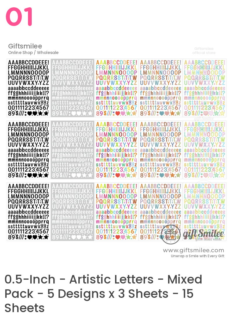 Assorted alphabet and number stickers in black white and multicolor designs with stars hearts and symbols