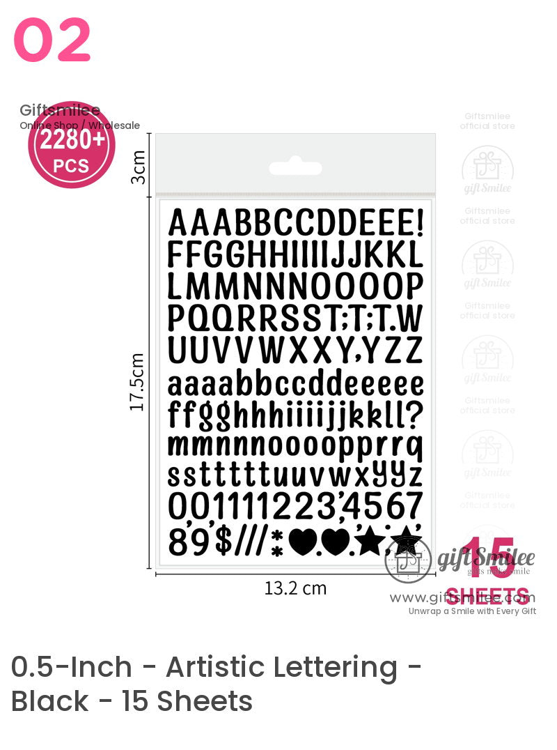Black alphabet and symbol sticker pack with uppercase lowercase numbers and icons containing 15 sheets 2280 pieces
