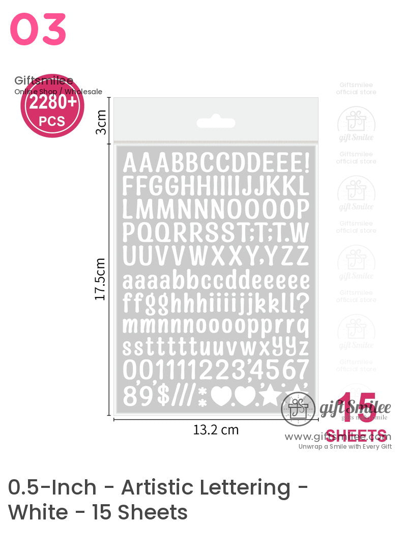 White adhesive alphabet and symbol stickers on gray sheets 15sheet pack with over 2280 pieces 132x175 cm size