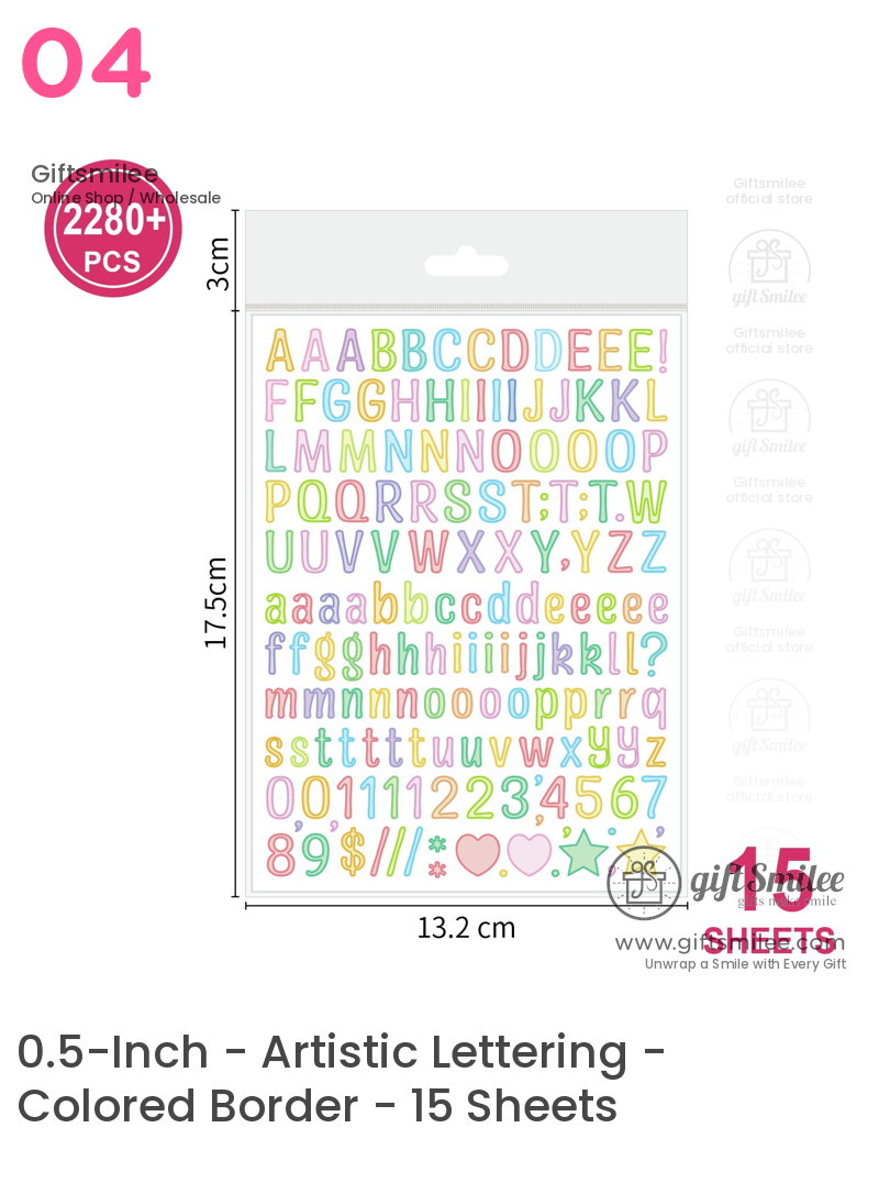 Pack of 15 pastelcolored alphabet and number stickers 2280 pieces measuring 132 x 175 cm ideal for crafts
