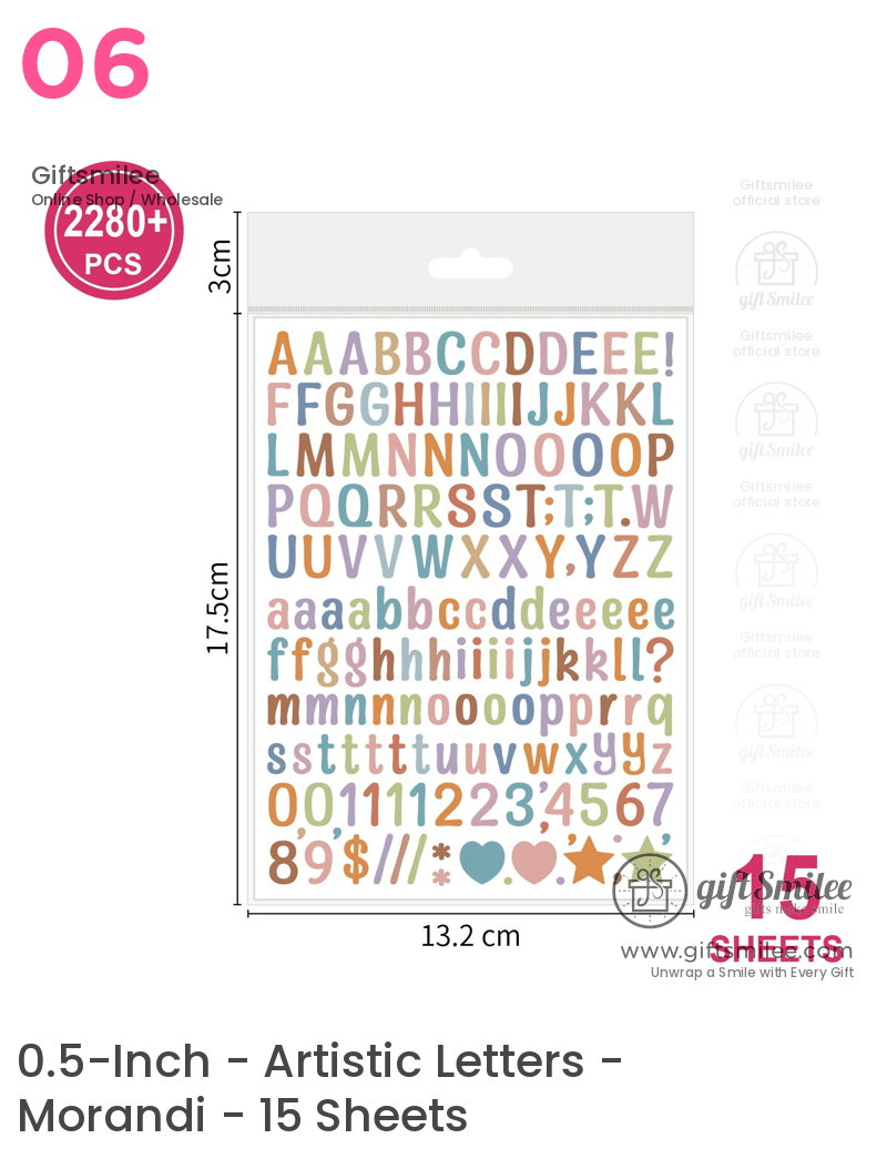 Pastelcolored alphabet and symbol stickers on 15 sheets featuring uppercase lowercase numbers and decorative icons