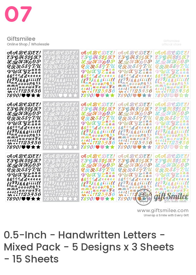 Assorted alphabet and symbol stickers in black silver and pastel colors featuring uppercase lowercase numbers and shapes