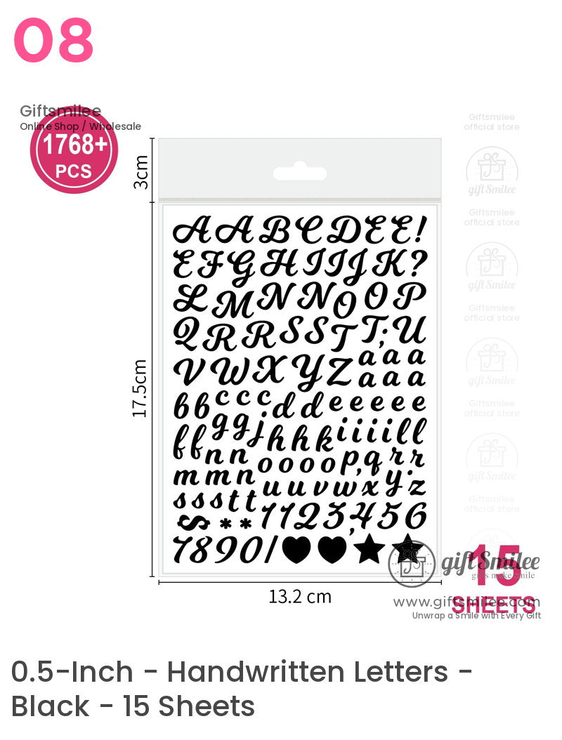Black cursive alphabet and symbol stickers 15 sheets 1768 pieces 132 x 175 cm dimensions ideal for crafts