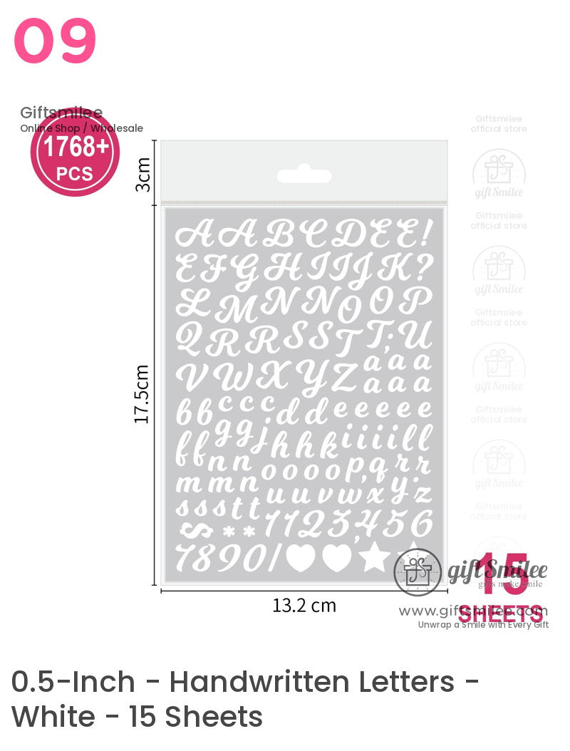 Pack of 1768 white vinyl letter and symbol stickers in cursive style 15 sheets 132x175 cm perfect for crafts