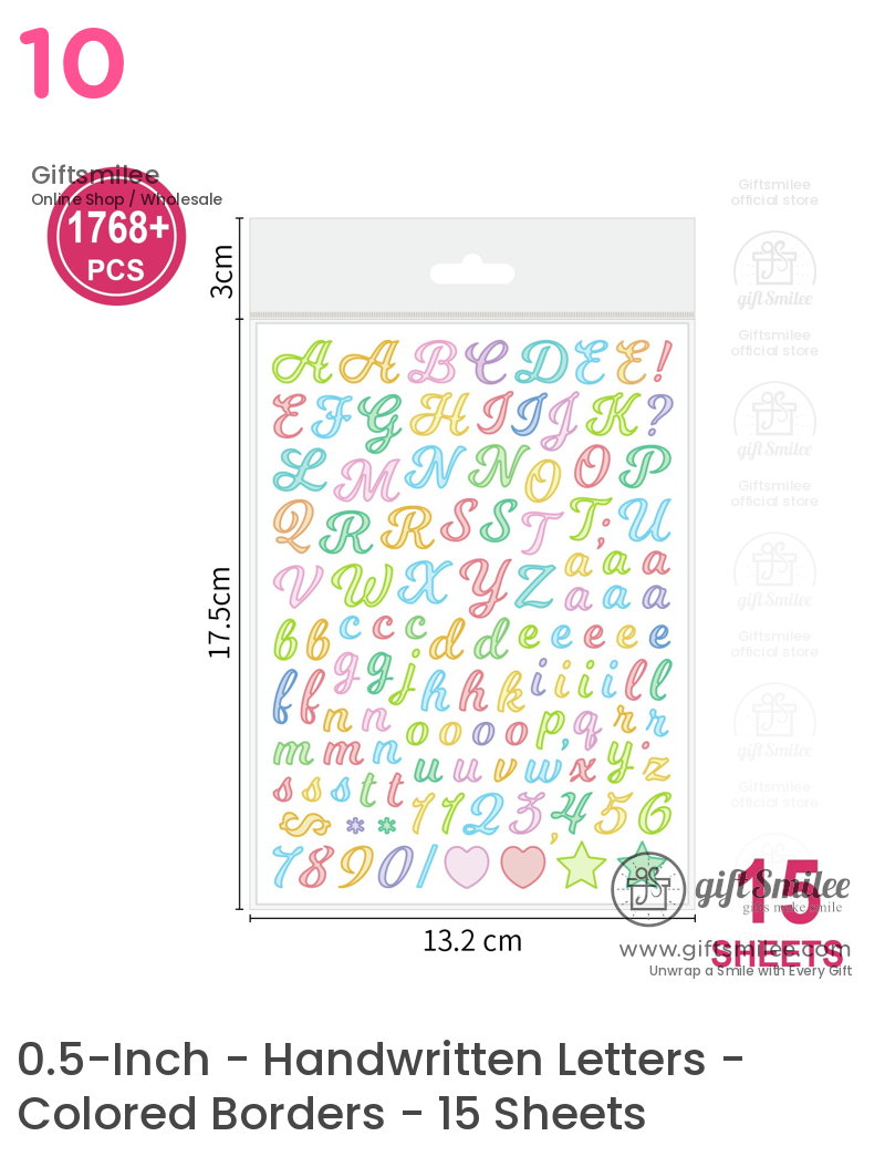 Multicolor alphabet and symbol stickers on 15 sheets decorative cursive fonts ideal for crafts and scrapbooking