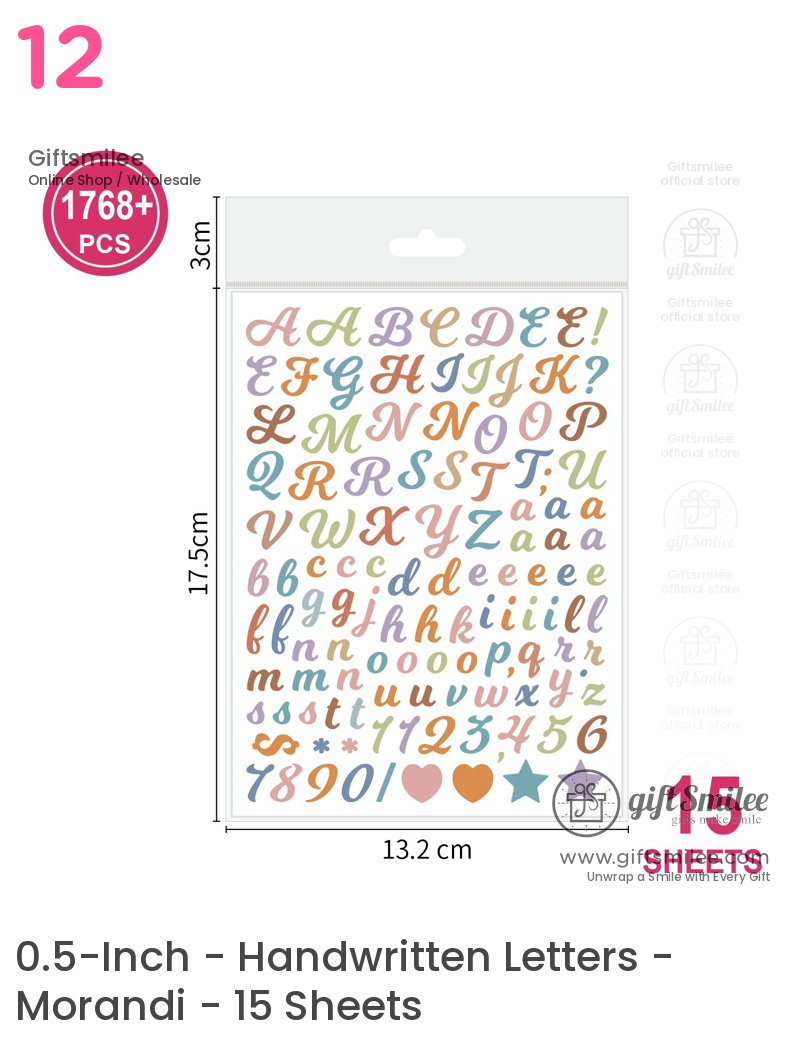 Pastelcolored alphabet and symbol stickers on 15 sheets featuring cursive and bold styles totaling 1768 pieces