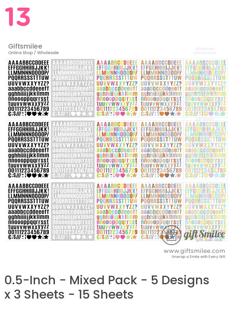 Multicolored alphabet and number sticker sheets with bold fonts hearts stars and symbols on white backgrounds