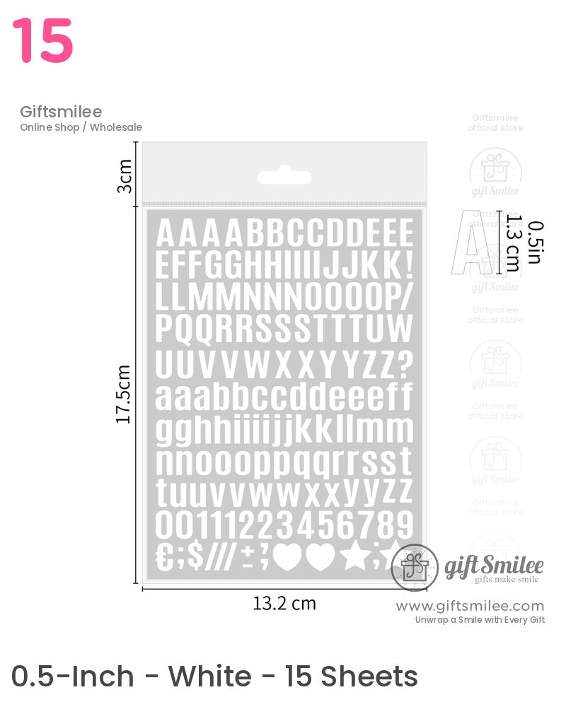 White selfadhesive letter and symbol stickers uppercase and lowercase 05inch size includes numbers and icons