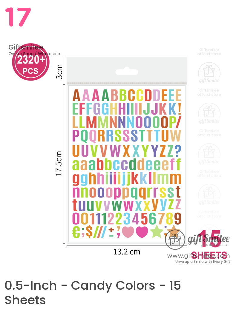 Pack of 2320 colorful alphabet and symbol stickers in 15 sheets featuring uppercase lowercase numbers and icons