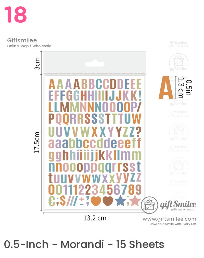 Multicolored alphabet and symbol stickers with uppercase and lowercase letters on a peeloff sheet size 175x132 cm