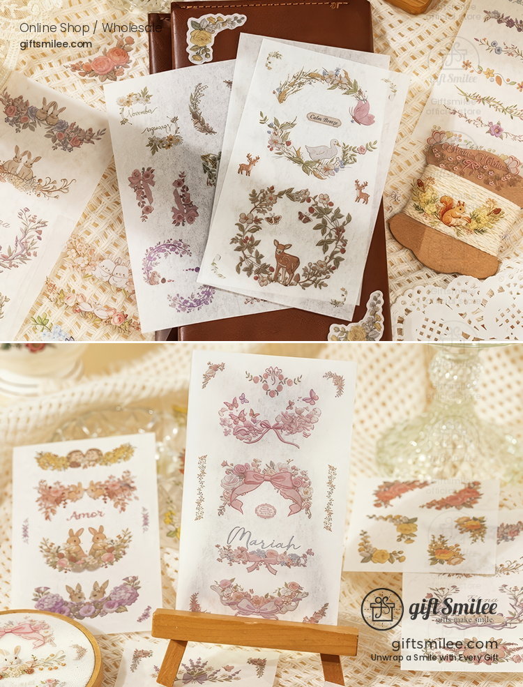 Dual-Material Embroidery-Style 20Pcs Floral Border Sticker Book | KS-SA-4423