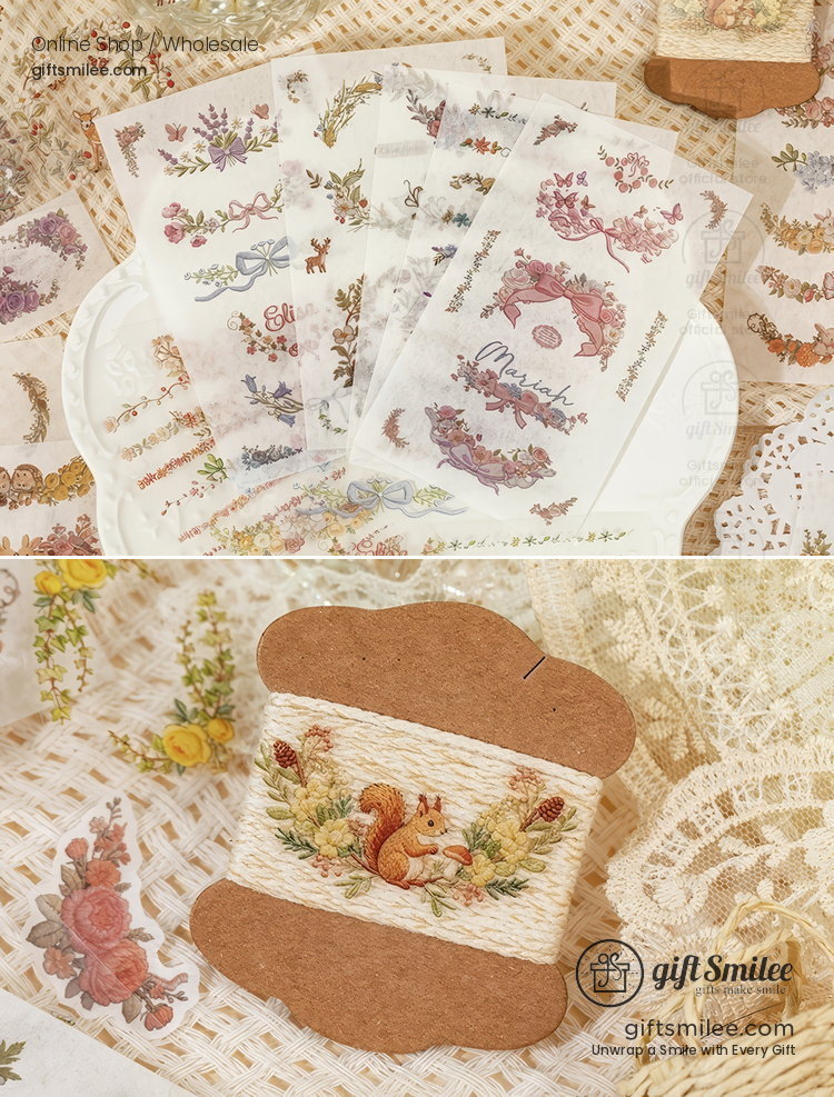 Dual-Material Embroidery-Style 20Pcs Floral Border Sticker Book | KS-SA-4423