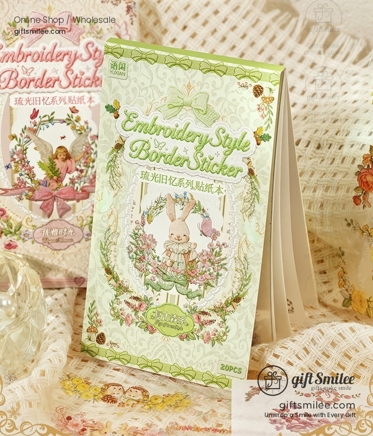 Dual-Material Embroidery-Style 20Pcs Floral Border Sticker Book | KS-SA-4423