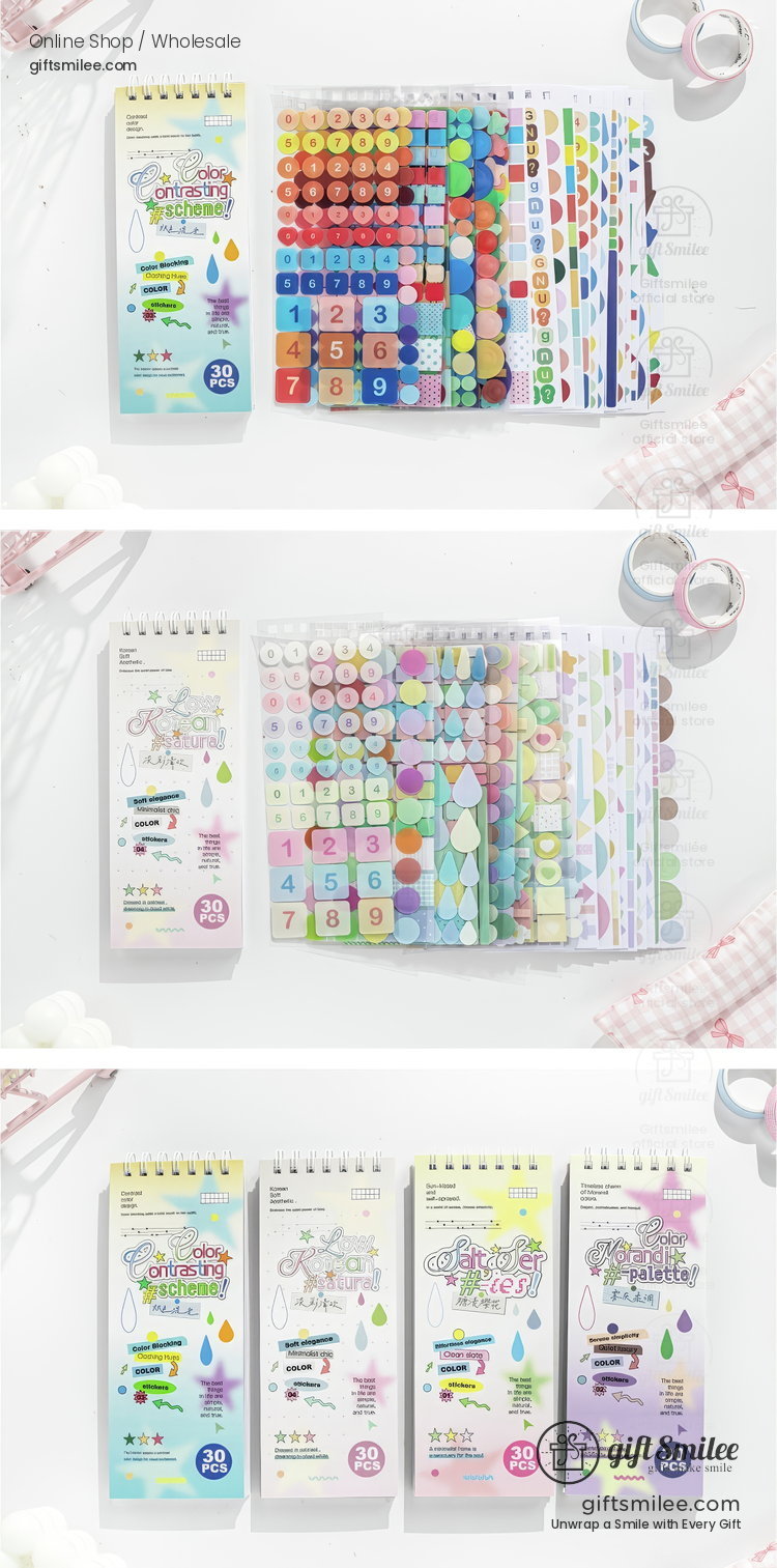 Pastel Gradient 30-Sheet Spiral Assorted Patterns Sticker Book | KS-SA-4439