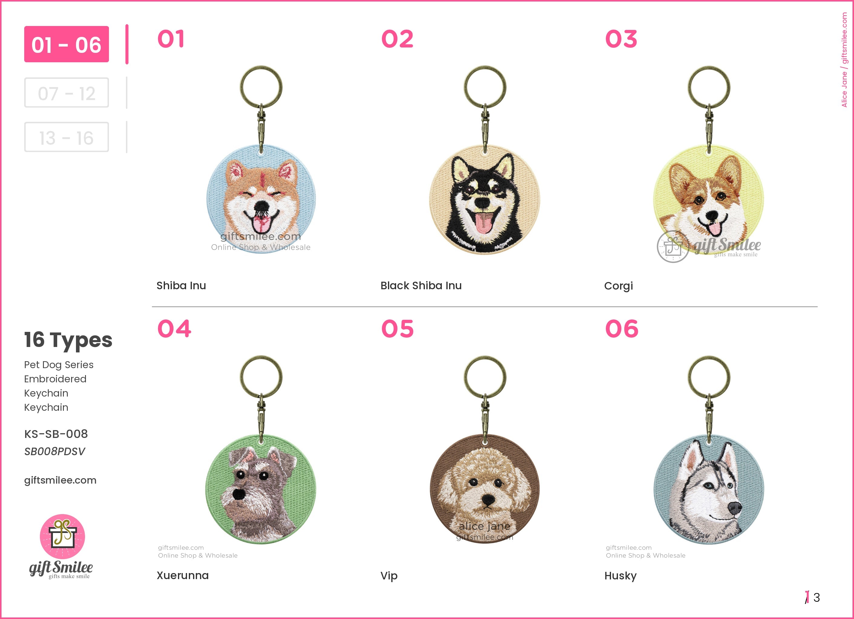 Round embroidered dog keychains with metal rings featuring Shiba Inu Corgi Husky and others on colorful fabric