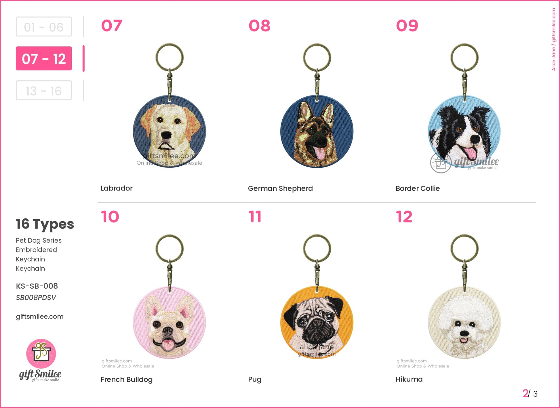 Round embroidered dog keychains with Labrador German Shepherd Border Collie French Bulldog Pug and Hikuma designs