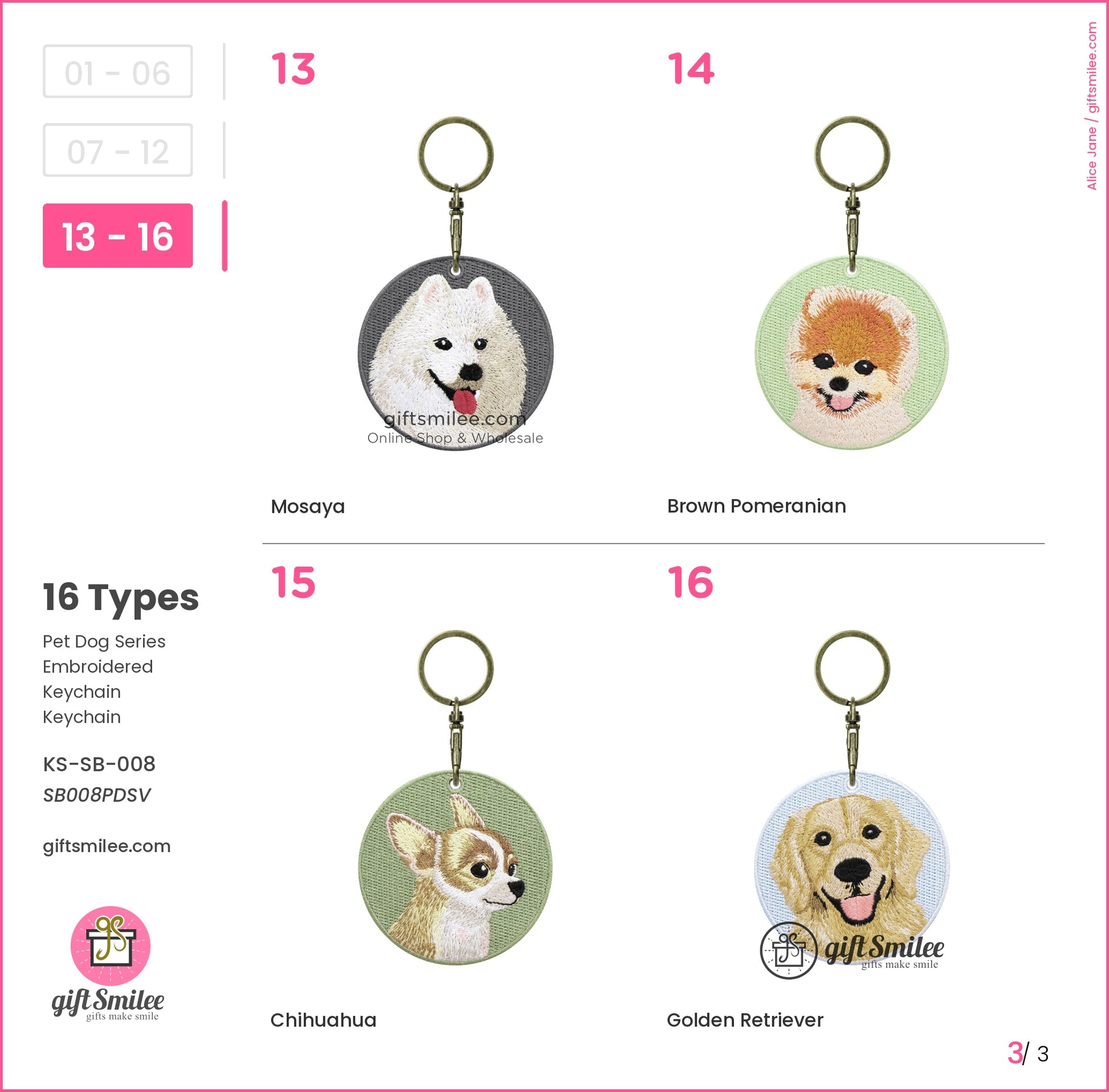 Round embroidered dog keychains with brass rings designs include white Samoyed brown Pomeranian Chihuahua and Golden Retriever