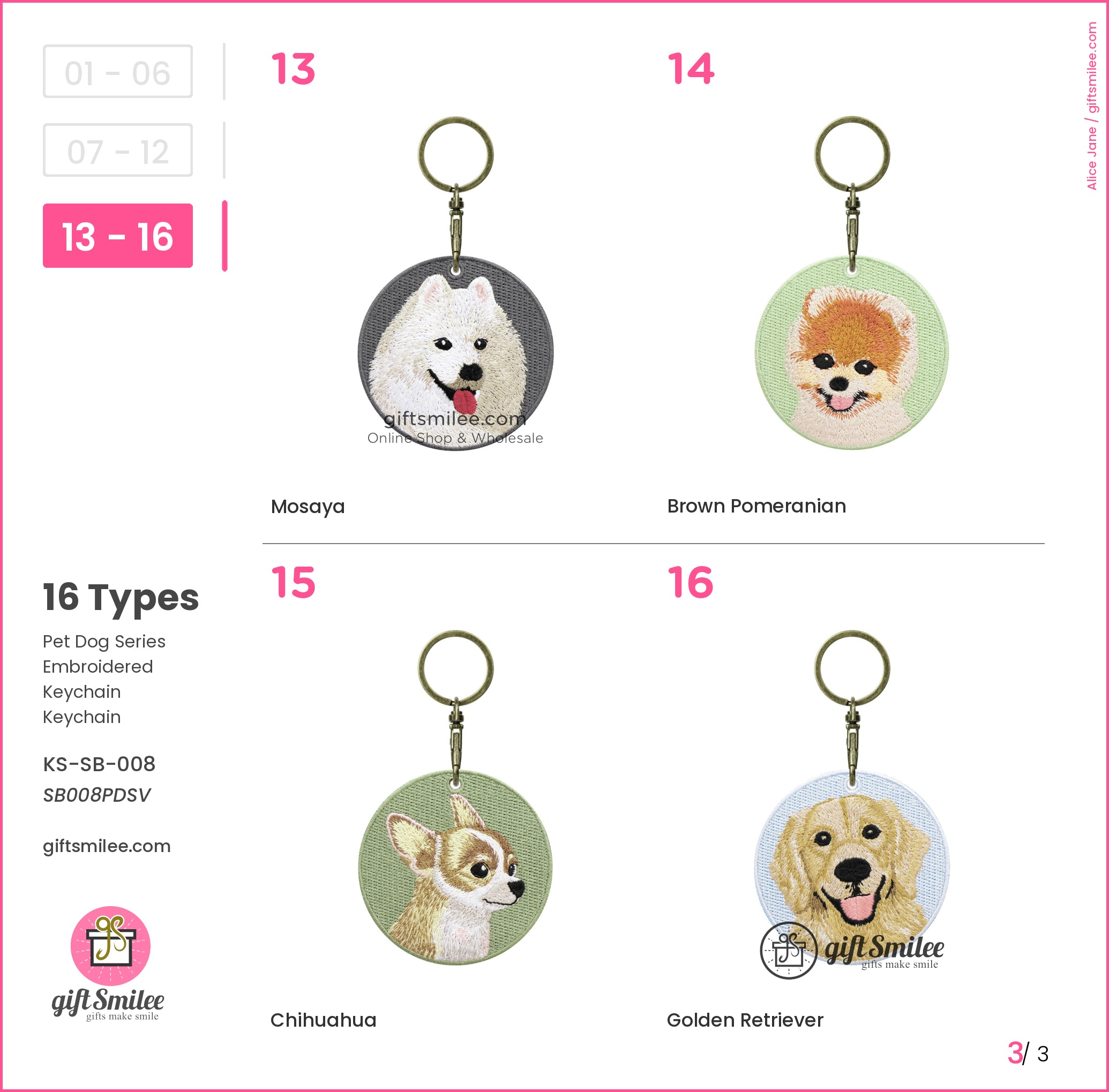 Round embroidered dog keychains with brass rings designs include white Samoyed brown Pomeranian Chihuahua and Golden Retriever