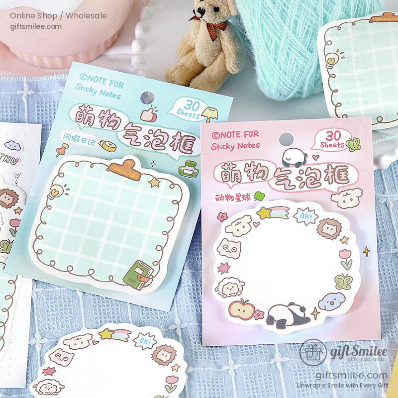 Pastel sticky notes with grid and doodle designs featuring animals stars and playful icons 30 sheets per pack