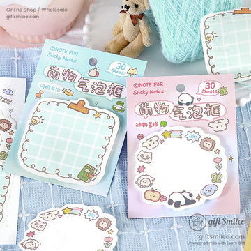 Pastel sticky notes with grid and doodle designs featuring animals stars and playful icons 30 sheets per pack