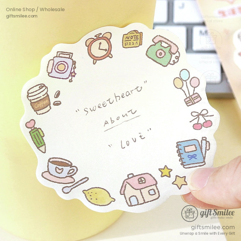 Pastel sticky notes with grid and doodle designs featuring animals stars and playful icons 30 sheets per pack