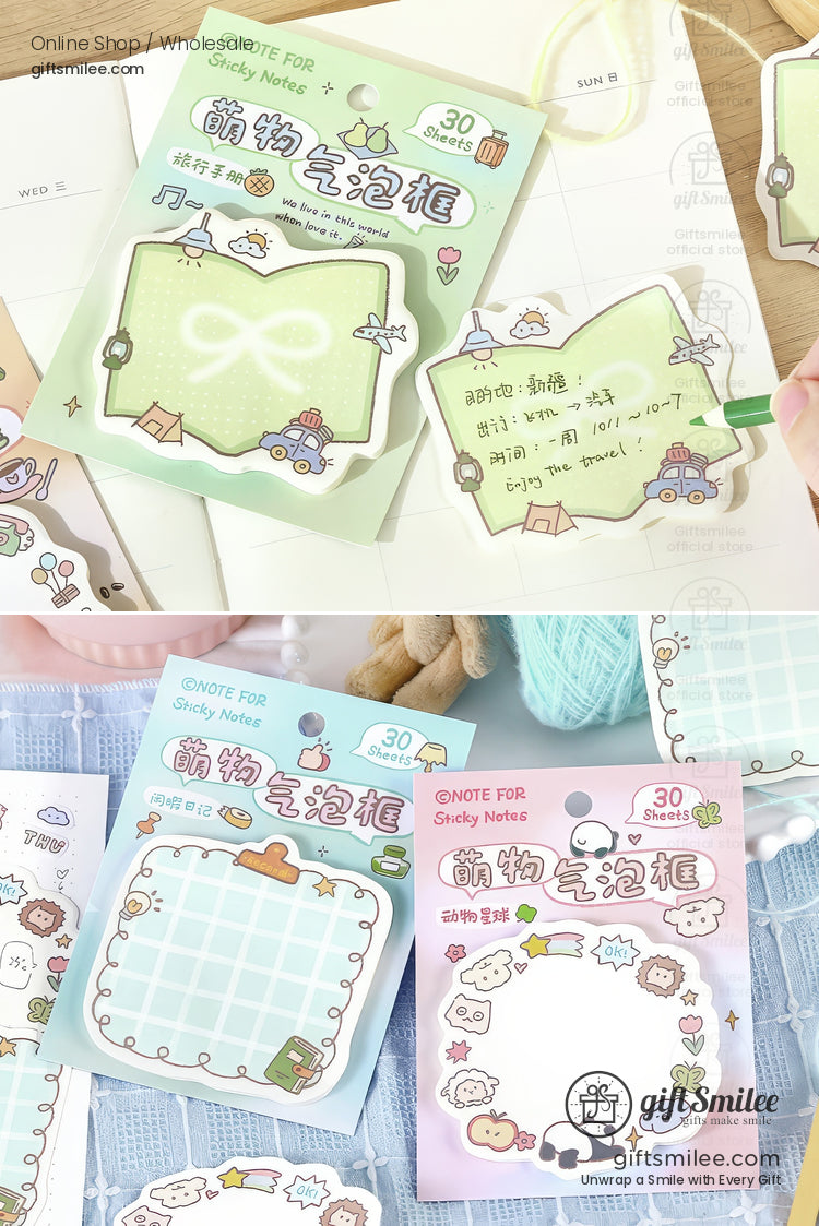 Pastel sticky notes with cute animal illustrations grid and doodle designs 30 sheets per pack playful stationery