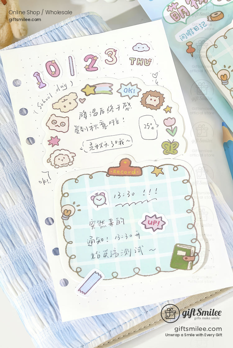 Pastelthemed planner page with cute handdrawn stickers grid design colorful doodles and decorative lettering