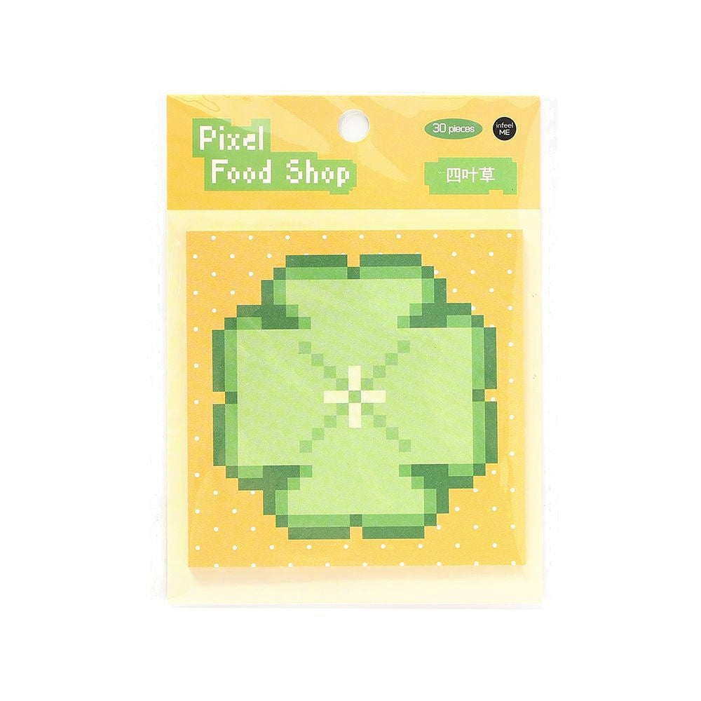 Pixelated green cloverleaf design on yellow packaging with polka dots labeled Pixel Food Shop includes 30 pieces