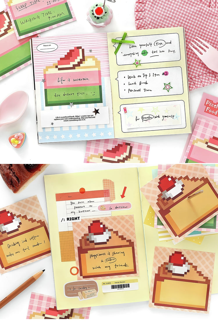 Colorful pixel art stationery set with cake and pie designs including notebooks sticky notes and planner sheets