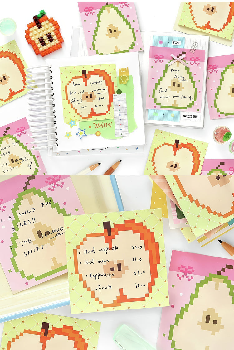 Pixel art sticky notes with apple and pear designs in pastel green and pink perfect for organization or gifting