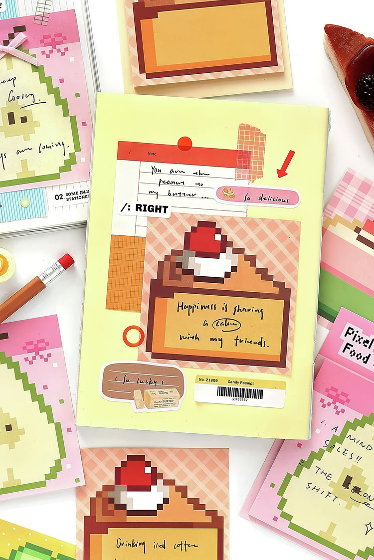Pastel stationery set with pixel art designs featuring fruits desserts and playful handwritten notes on colorful paper