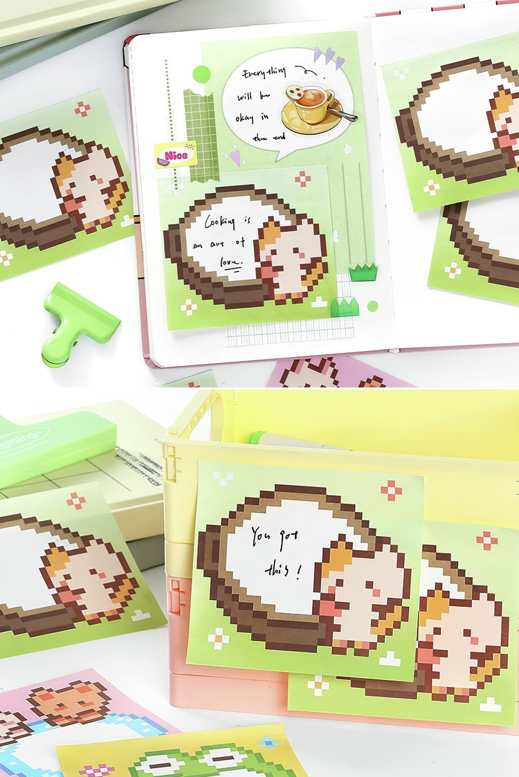 Green pixel art sticky notes with cute sleeping cat design pastel backgrounds and motivational handwritten messages