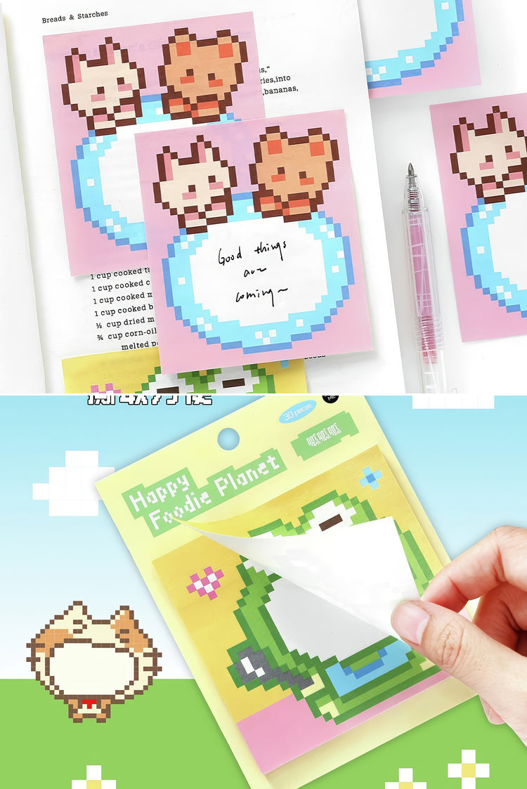 Pixel art sticky notes with pastel pink blue and green designs featuring cute animals and retrostyle graphics