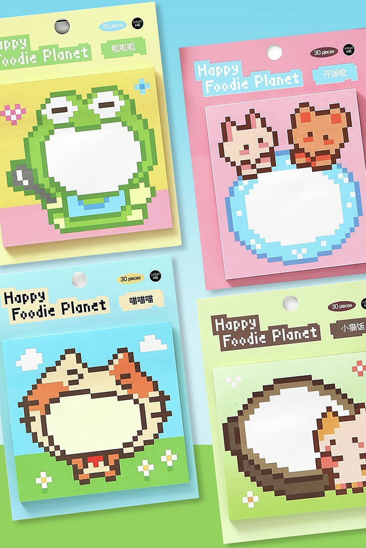 Set of pixel art sticky notes with animal designs including frog cats and fox in pastel green pink and blue packaging