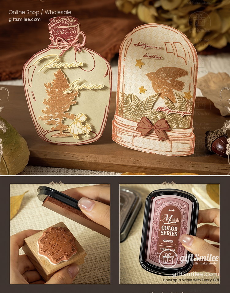 Vintageinspired stamping kit with woodlandthemed designs rose gold ink pad and intricate wooden stamp