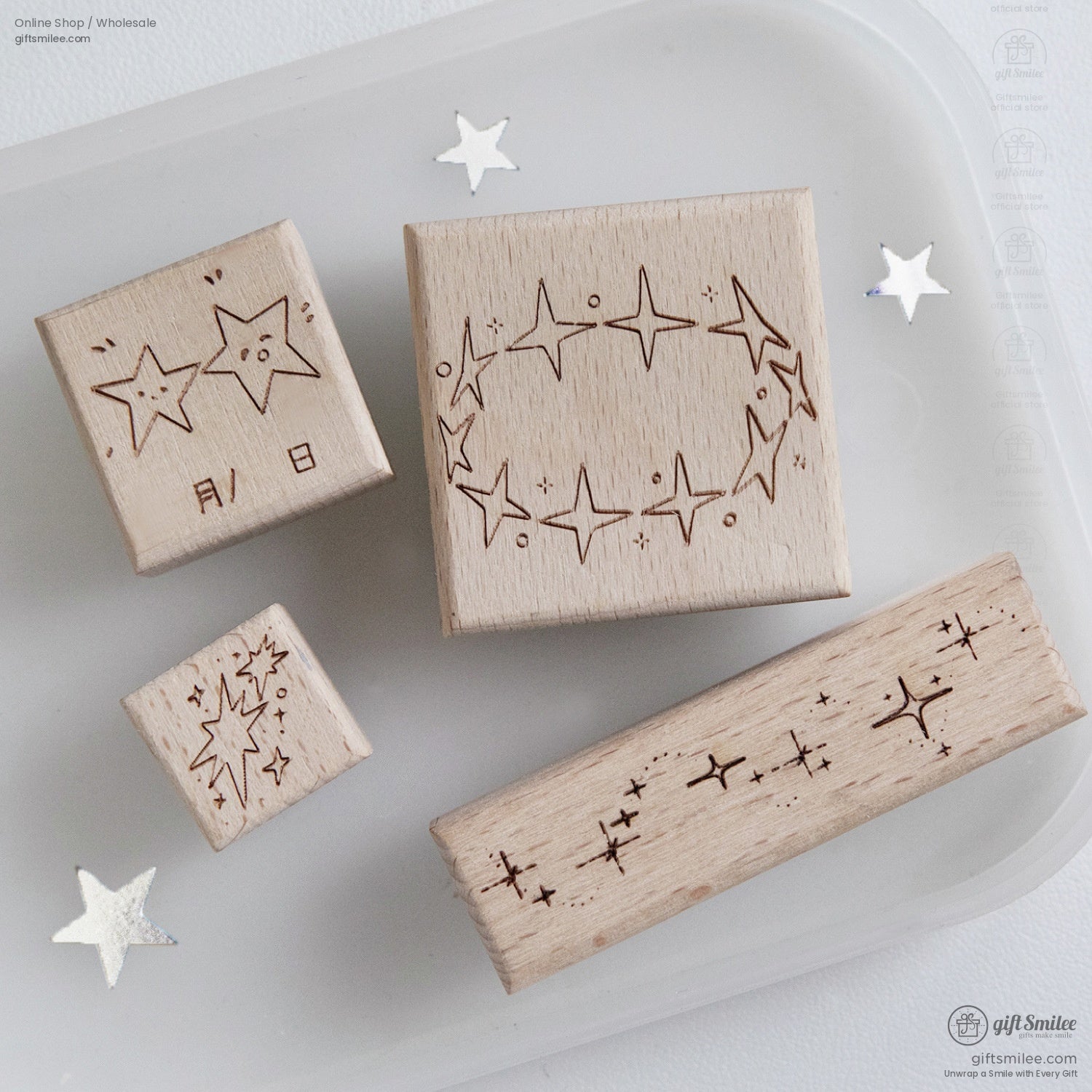 Beechwood Laser-Engraved Starry Motifs Wood Rubber Stamps | KS-WS-342