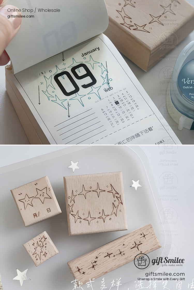 Beechwood Laser-Engraved Starry Motifs Wood Rubber Stamps | KS-WS-342