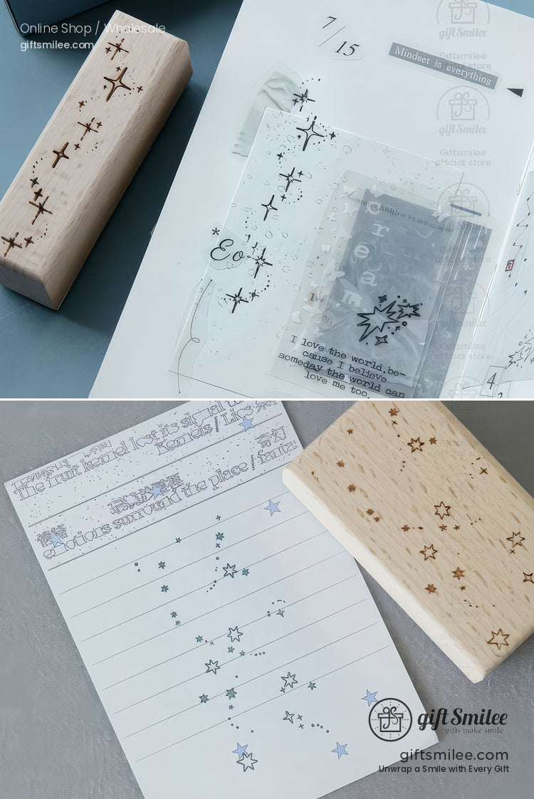 Beechwood Laser-Engraved Starry Motifs Wood Rubber Stamps | KS-WS-342