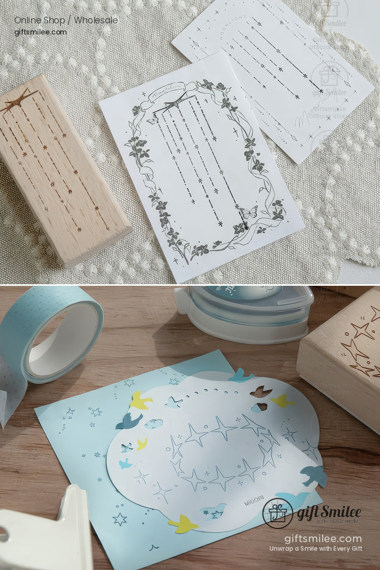 Beechwood Laser-Engraved Starry Motifs Wood Rubber Stamps | KS-WS-342