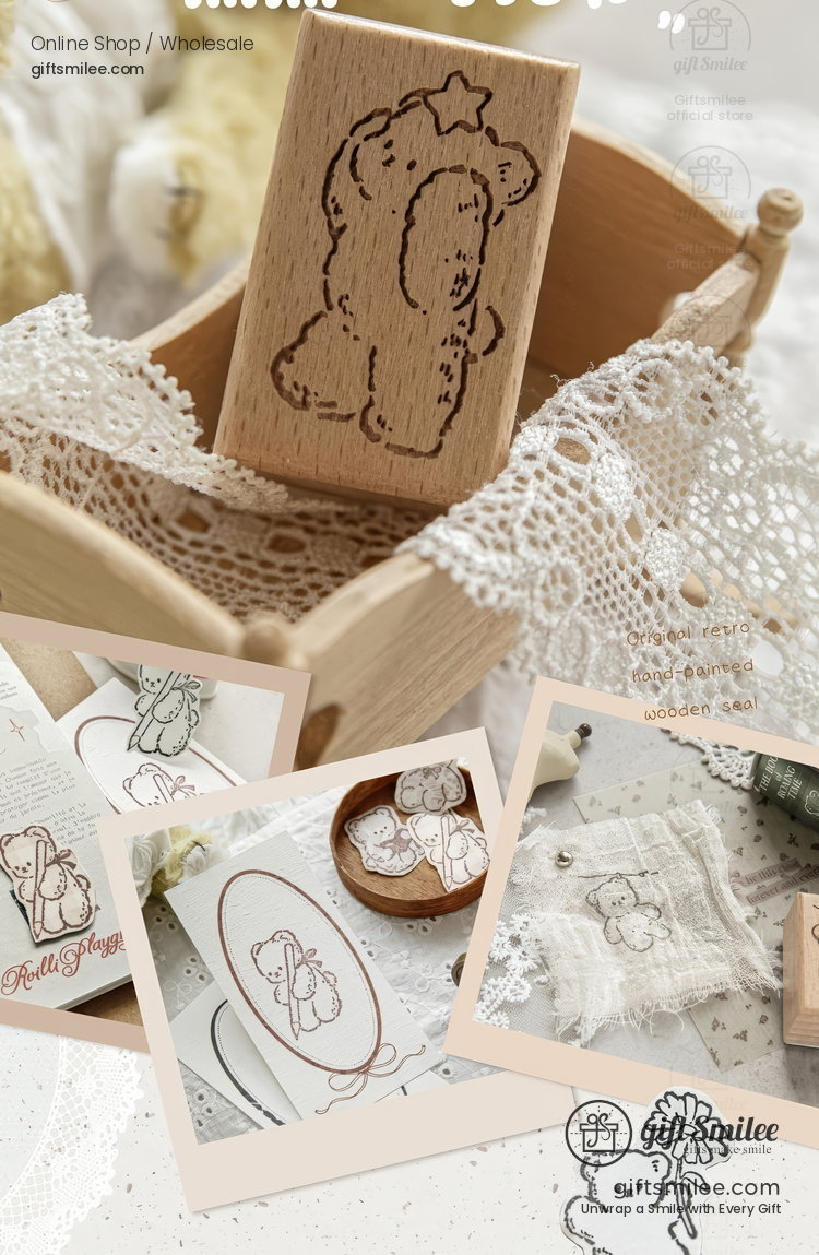 Beechwood Vintage Teddy Illustration Wooden Rubber Stamp | KS-WS-370